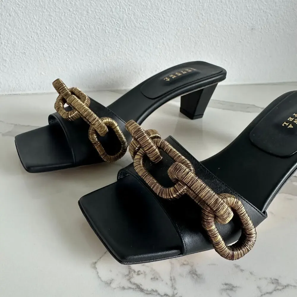 Serena Uziyel Catena Black & Gold Mid-Heel Sandal Size 38